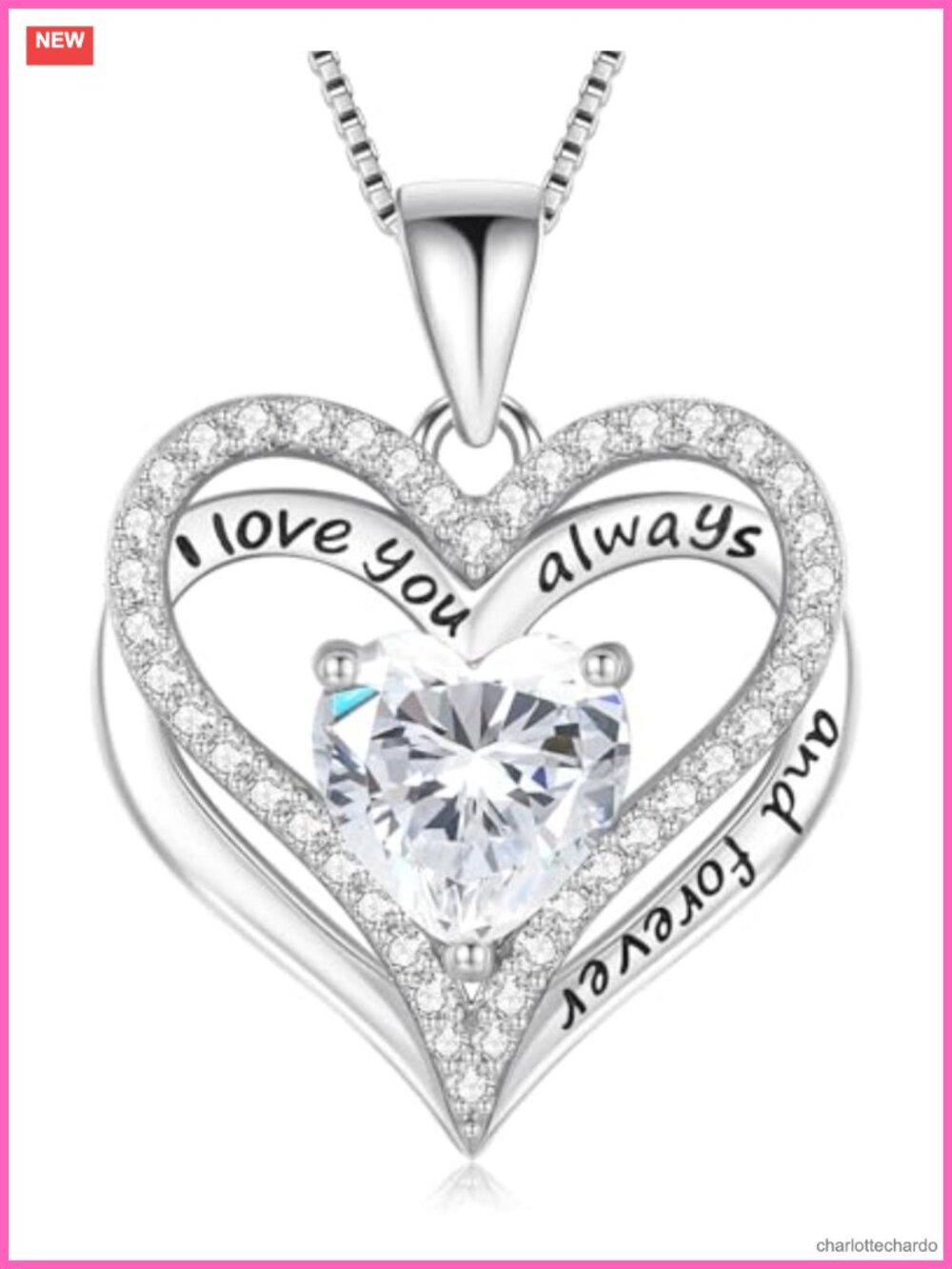 S925 Sterling Silver Heart Pendant Necklace Cubic Zirconia